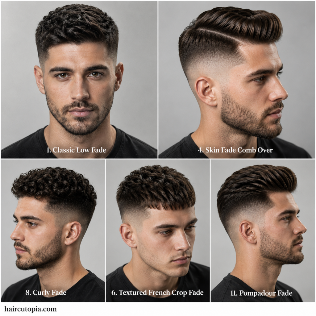 Five-panel collage featuring trendy fade haircut styles including a classic low fade, skin fade comb over, curly fade, textured French crop fade, and pompadour fade with haircutopia.com watermark.