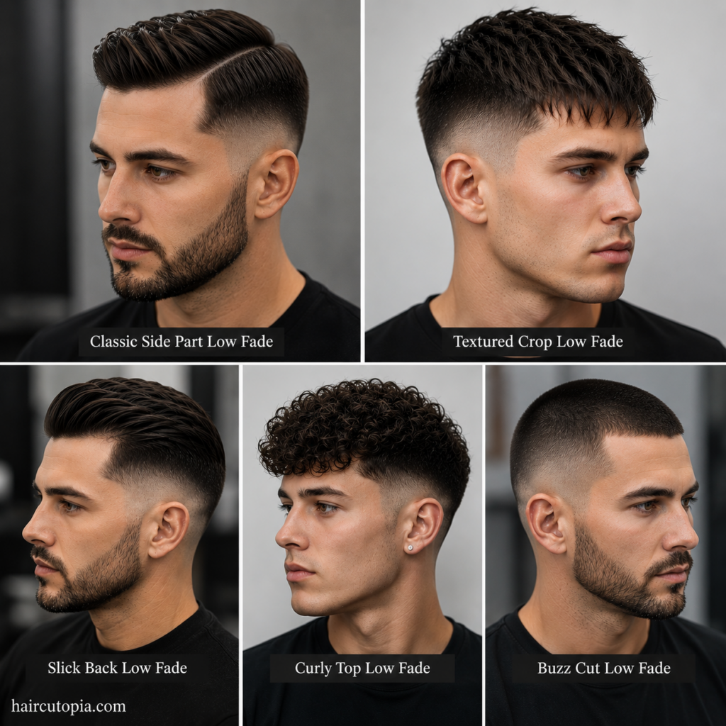 Five-panel collage featuring fictional men with different low fade hairstyles including classic side part, textured crop, slick back, curly top, and buzz cut low fade styles with haircutopia.com watermark.