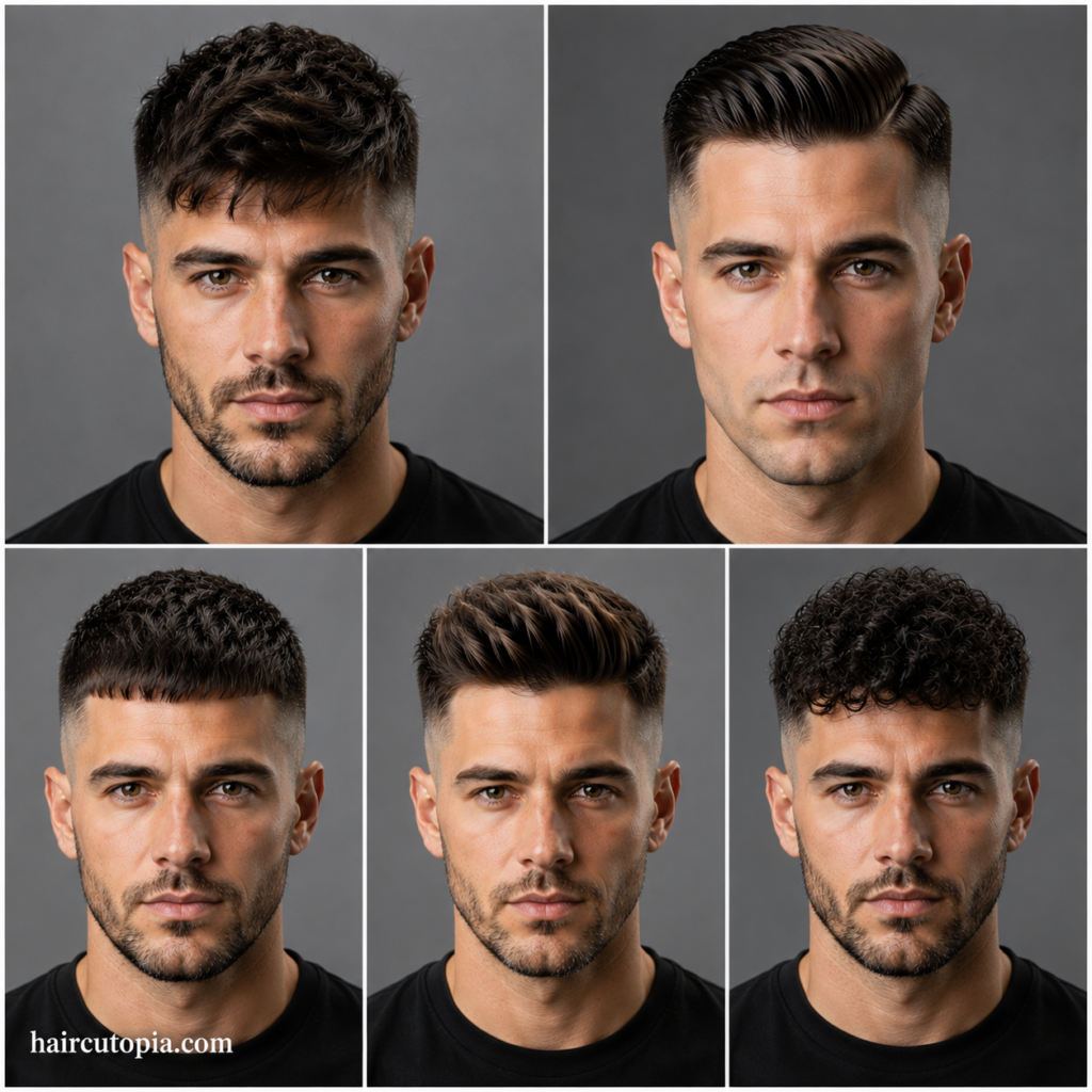 Five-panel collage featuring front-facing mid fade haircuts including a textured crop, side part, French crop, quiff, and curly mid fade, showcasing trendy, modern, and timeless men's hairstyles.
