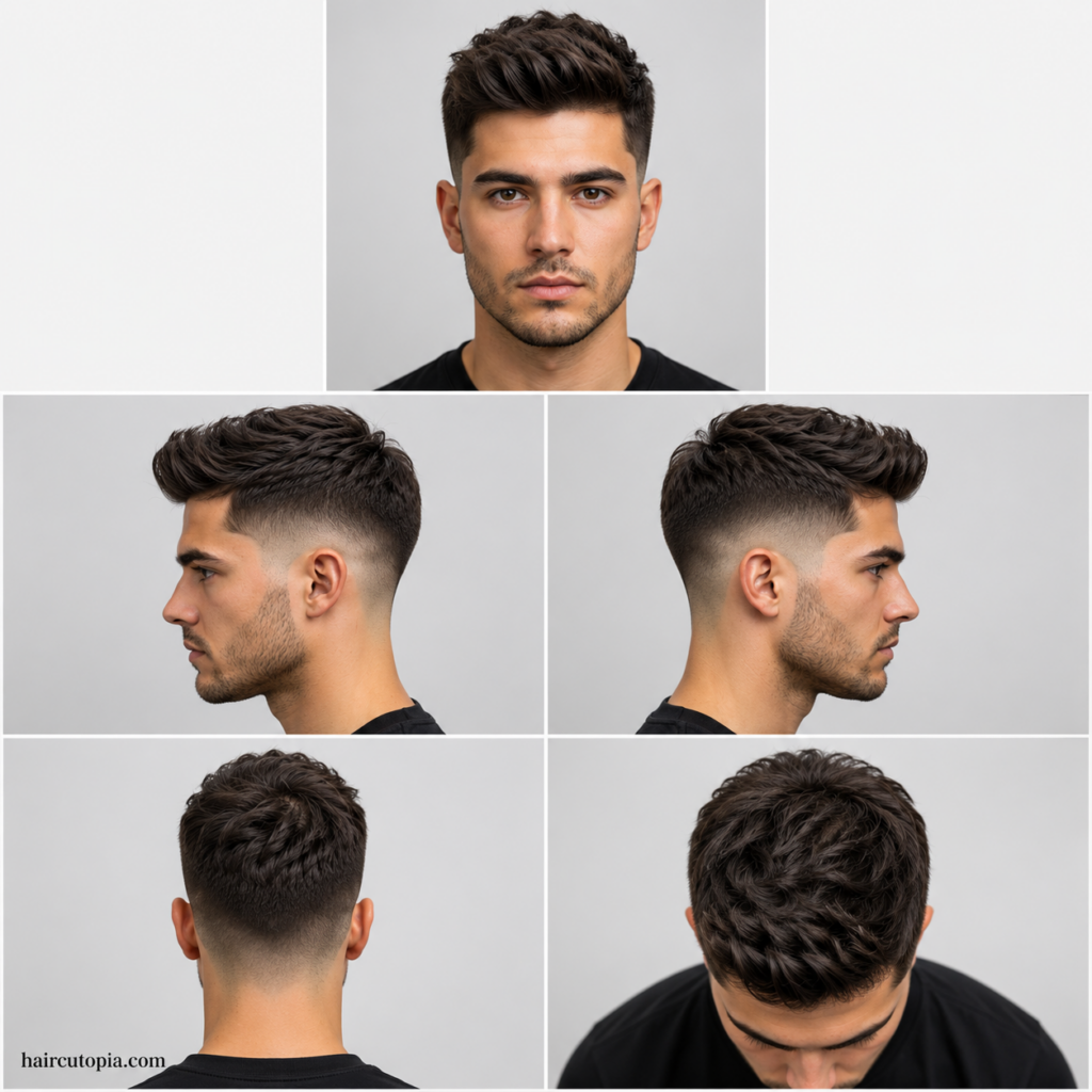 Five-panel collage showing a fictional man with a classic fade haircut from front, left side, right side, back, and bird's-eye views with haircutopia.com watermark.