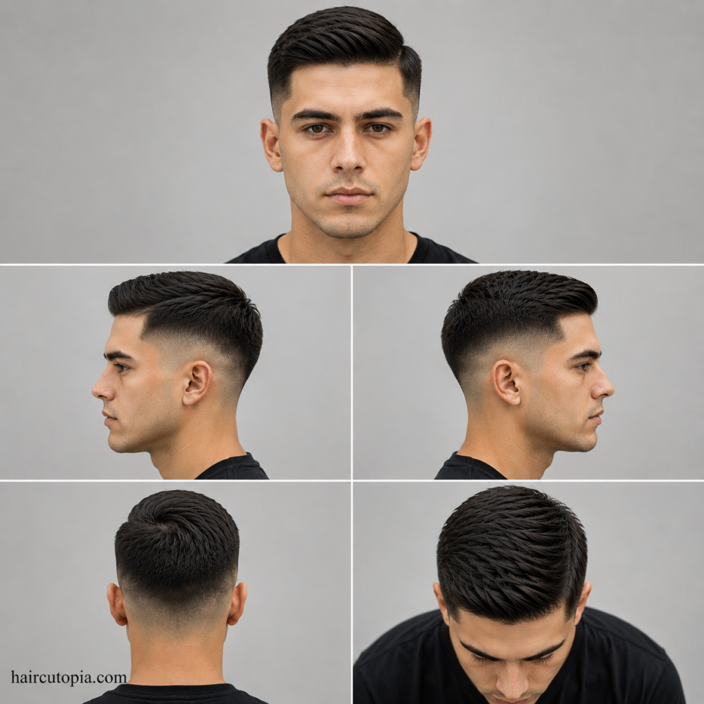 Five-panel collage showing a classic low fade haircut from front, left side, right side, back, and bird’s-eye top views on a fictional male model with haircutopia.com watermark.
