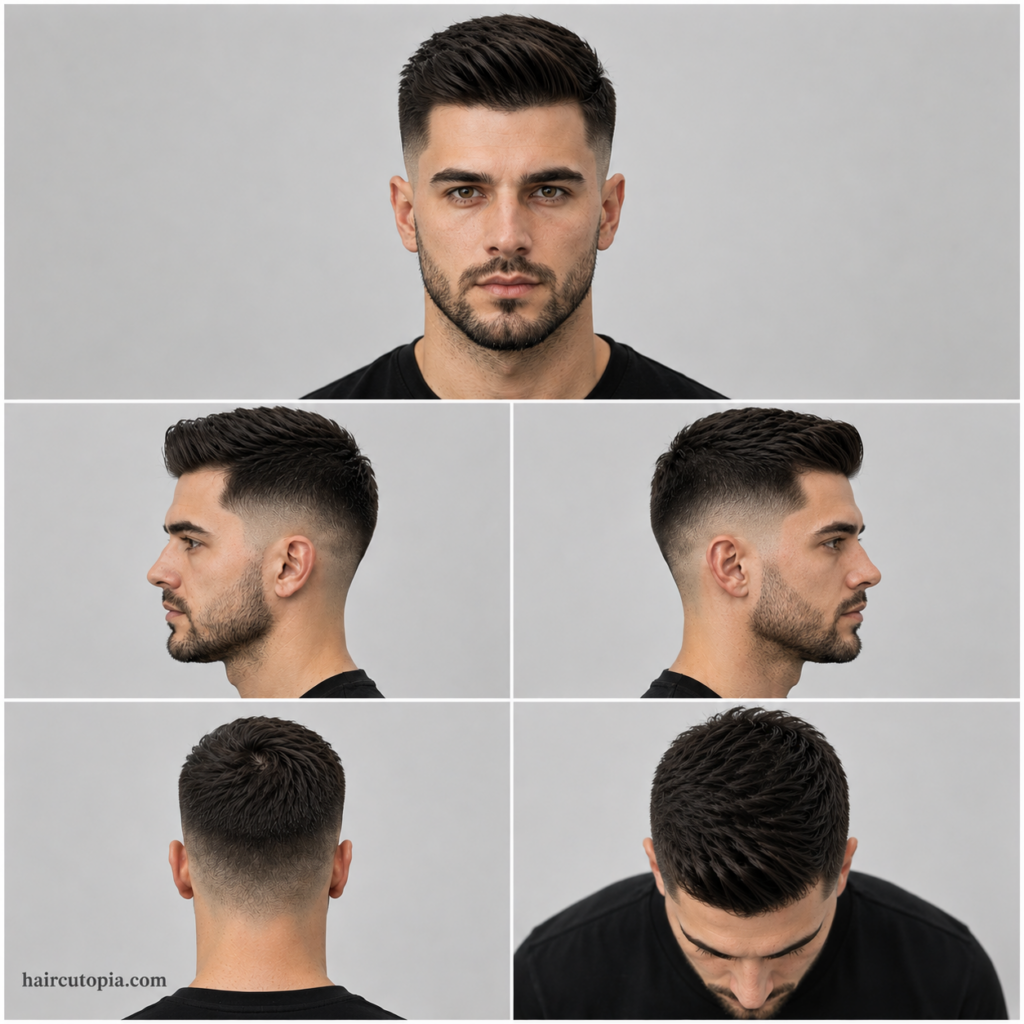 Five-panel collage showing a classic mid fade haircut from the front, left side, right side, back, and top views, highlighting balanced proportions, clean blending, and timeless styling.
