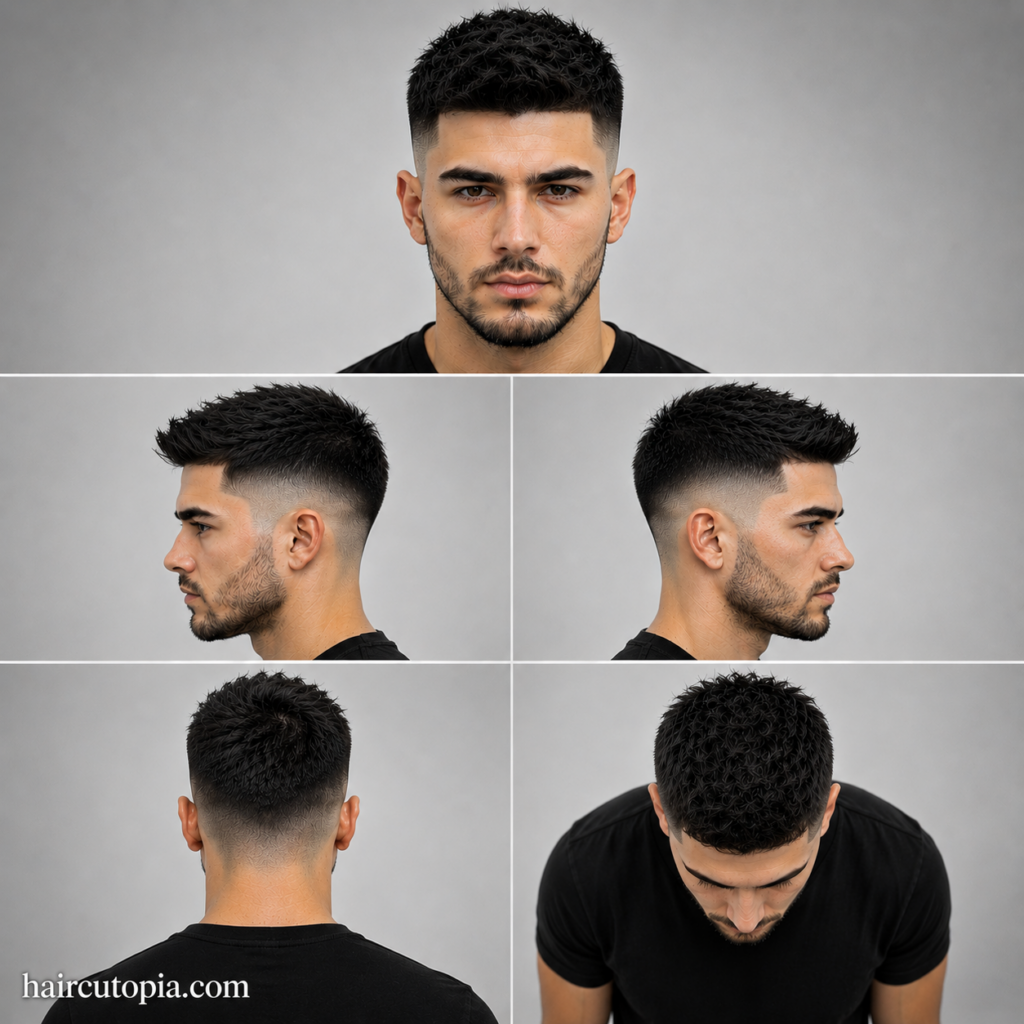 Five-panel collage of a clean fade haircut showing front, left side, right side, back, and bird's-eye views on a fictional man with haircutopia.com.