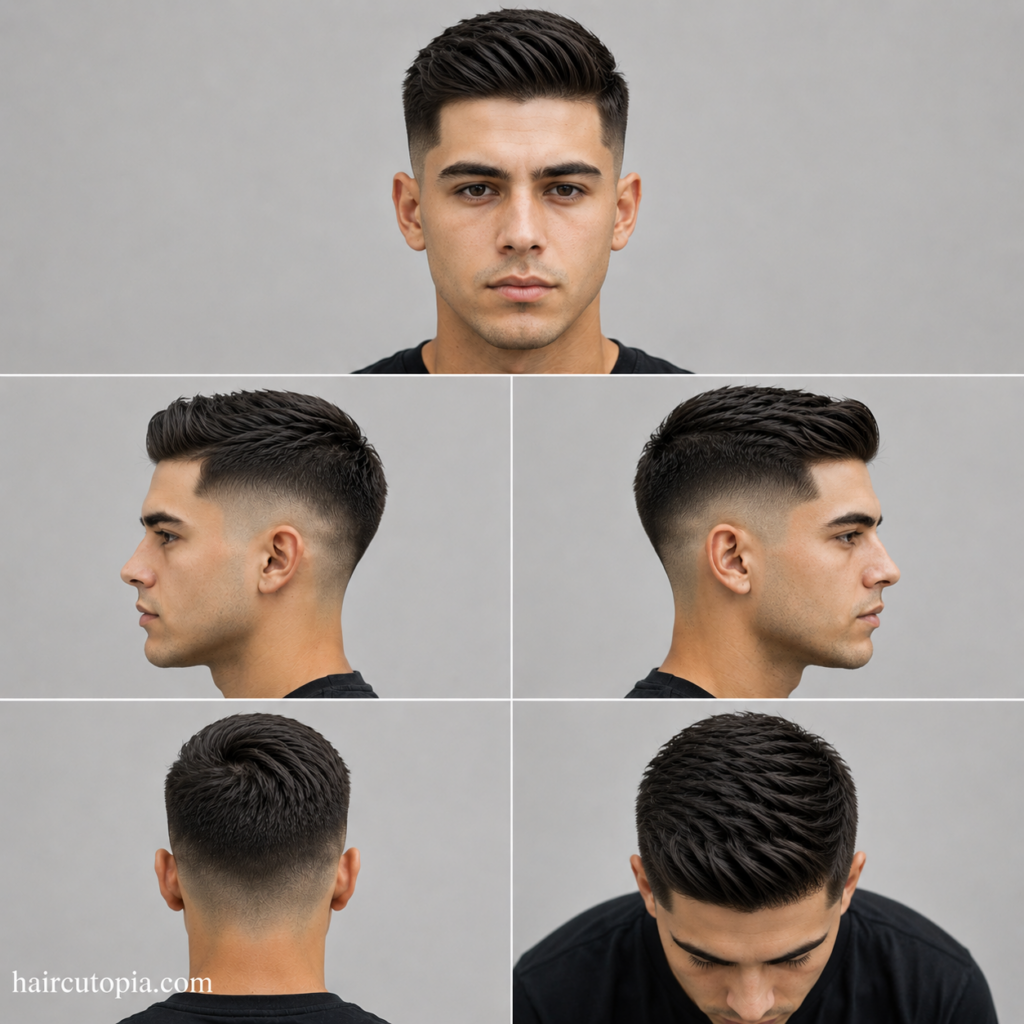 Five-panel collage showing a clean low fade haircut from front, left side, right side, back, and bird’s-eye top views on a fictional male model with haircutopia.com watermark.