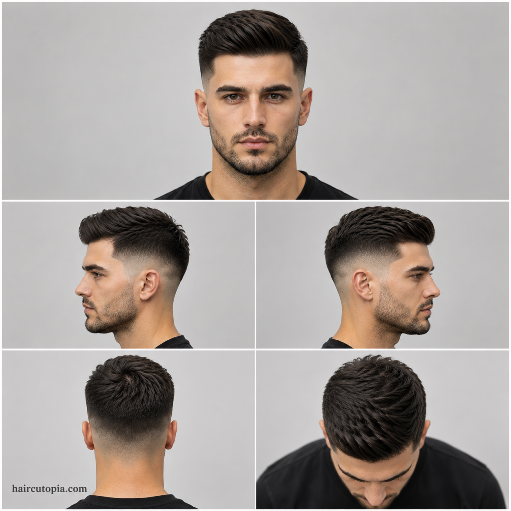 Five-panel collage showing a clean mid fade haircut from the front, left side, right side, back, and top views, highlighting sharp blending, clean lines, and a polished hairstyle.