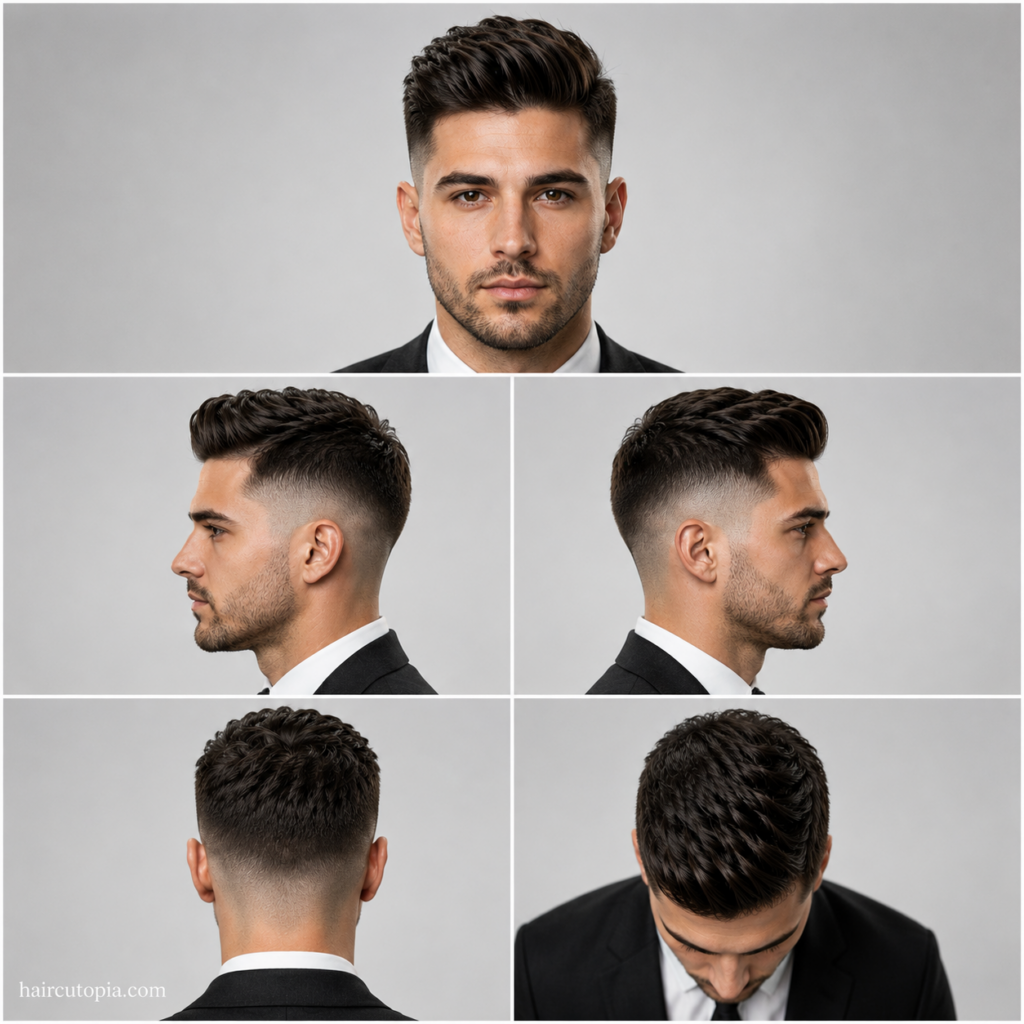 Five-panel collage showing a professional men's fade haircut from front, left side, right side, back, and bird’s-eye views with haircutopia.com watermark.