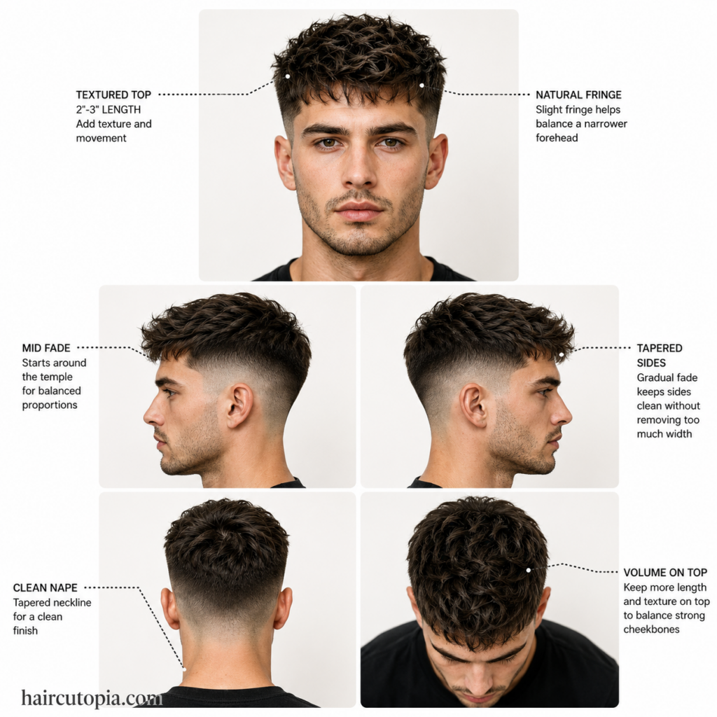 Five-panel collage showing a fictional man with a textured fade haircut for diamond face shapes from front, left side, right side, back, and bird's-eye views with haircutopia.com watermark.