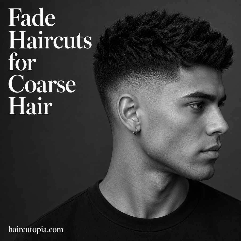 Black-and-white editorial image of a fictional man with a modern fade haircut for coarse hair featuring thick textured volume in a minimal studio setting with haircutopia.com watermark.