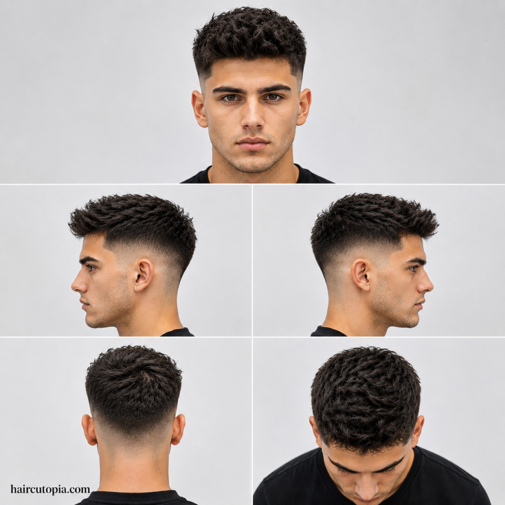 Five-panel collage illustration of a fictional man with a coarse-hair fade haircut shown from front, left side, right side, back, and bird’s-eye views with haircutopia.com watermark.