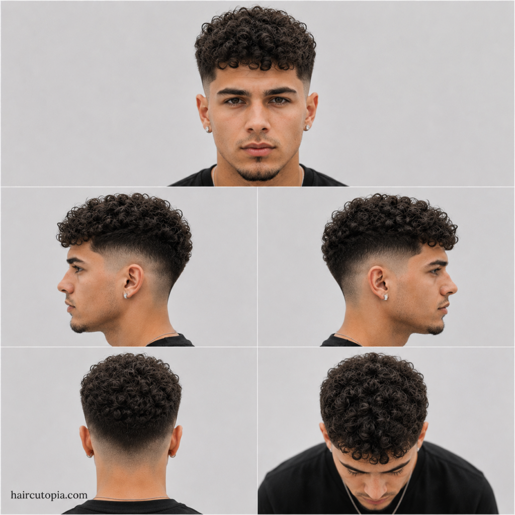 Five-panel hairstyle collage showing a curly fade haircut from the front, left side, right side, back, and top bird’s-eye view with haircutopia.com watermark.