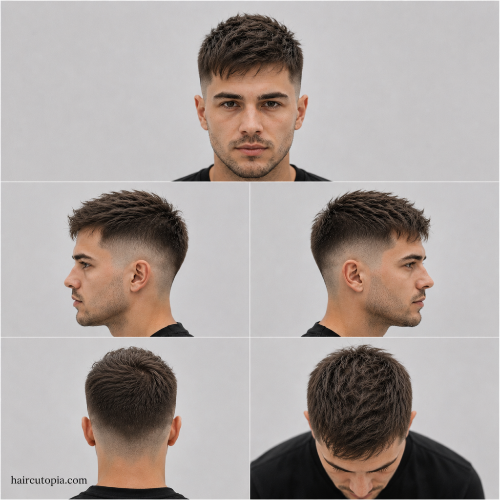 Five-panel hairstyle collage showing a fade haircut for fine hair from the front, left side, right side, back, and top bird’s-eye view with haircutopia.com watermark.