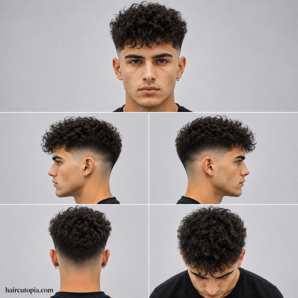 Five-panel collage illustration of a fictional man with a frizzy-hair fade haircut shown from front, left side, right side, back, and bird’s-eye views with haircutopia.com watermark.
