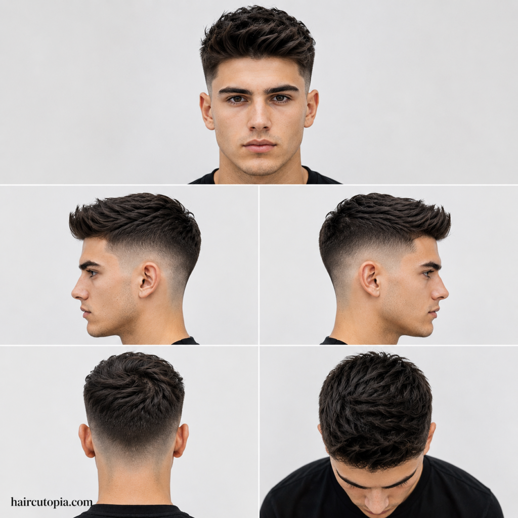 Five-panel collage illustration of a fictional man with a straight-hair fade haircut shown from front, left side, right side, back, and bird’s-eye views with haircutopia.com watermark.