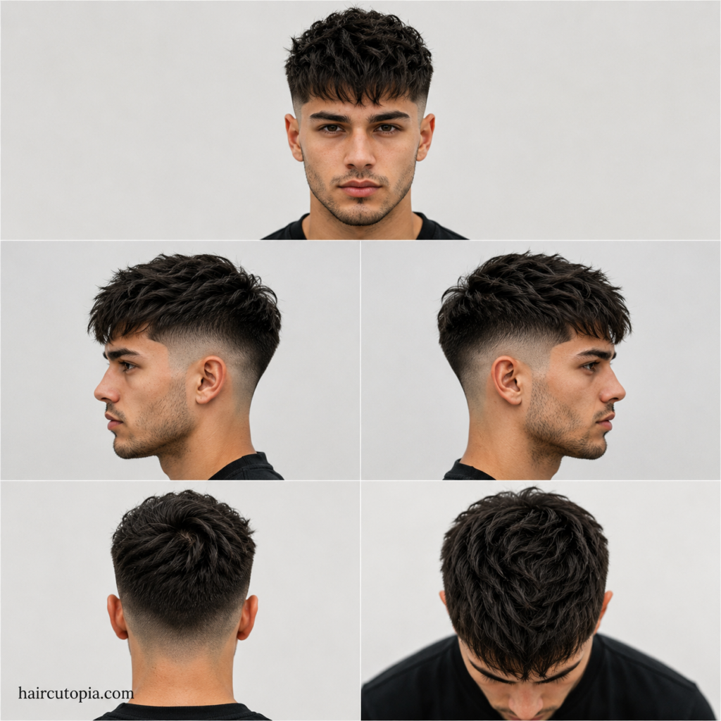 Five-panel hairstyle collage showing a fade haircut for thick hair from the front, left side, right side, back, and top bird’s-eye view with haircutopia.com watermark.