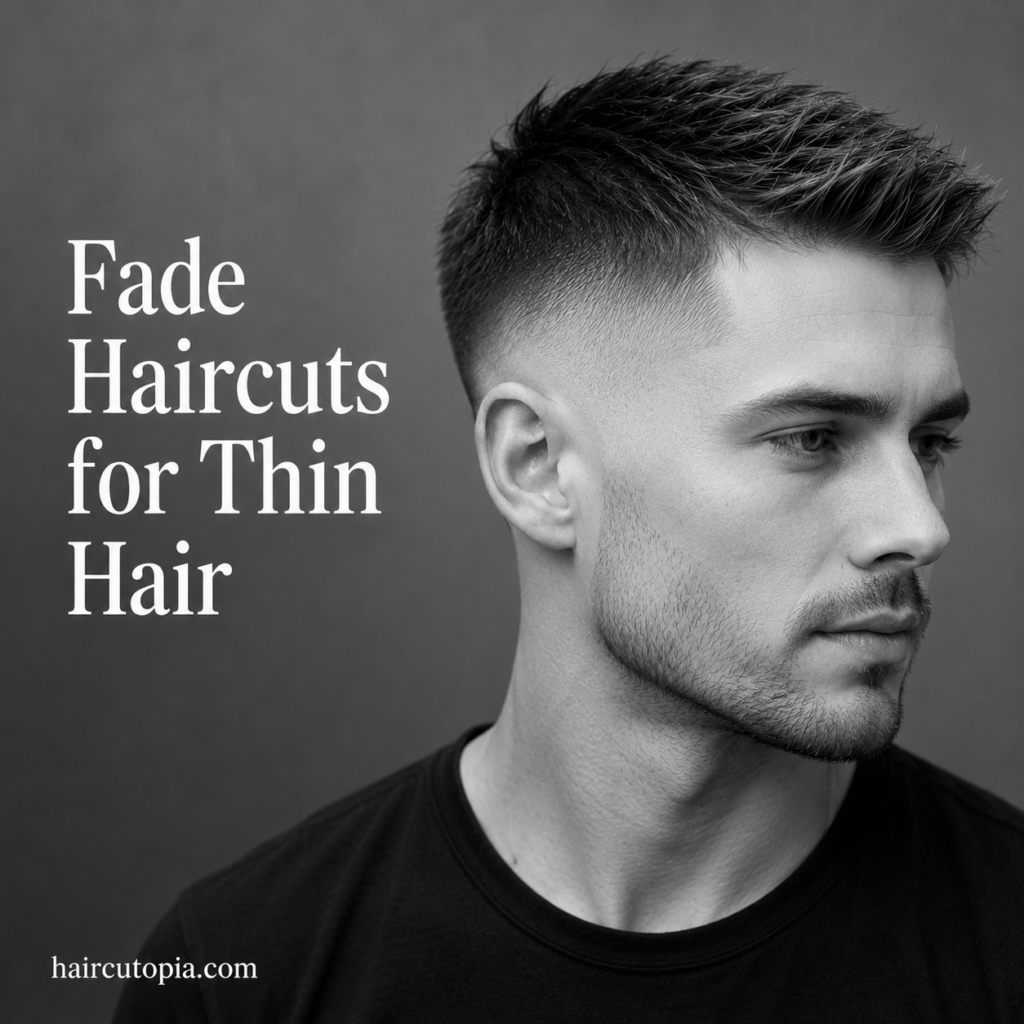 Black-and-white editorial portrait of a fictional man with a modern fade haircut for thin hair, featuring the title "Fade Haircuts for Thin Hair" and haircutopia.com watermark.