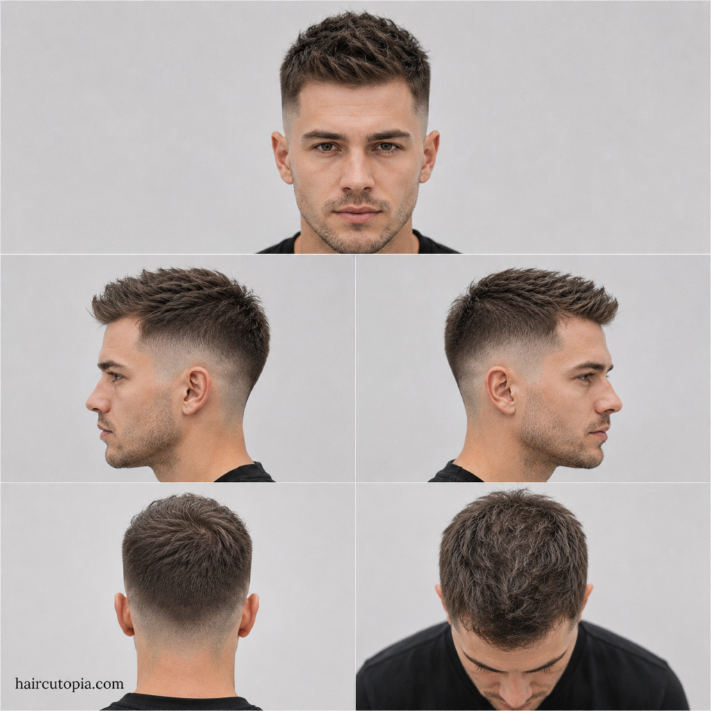 Five-panel hairstyle collage showing a fade haircut for thin hair from the front, left side, right side, back, and top bird’s-eye view with haircutopia.com watermark.