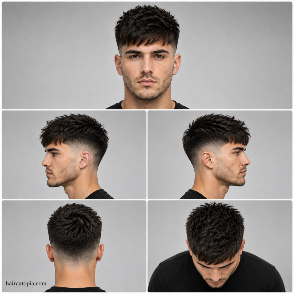 Five-panel collage illustration showing a modern fade haircut for heart face shapes from front, left side, right side, back, and bird's-eye views with haircutopia.com watermark.