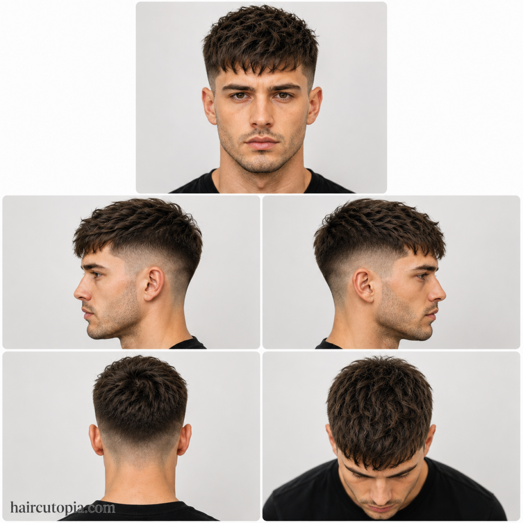 Five-panel collage of a fictional man with a fade haircut for long face shapes shown from front, left side, right side, back, and bird’s-eye views with haircutopia.com watermark.