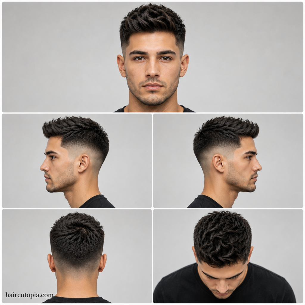 Five-panel collage illustration showing a modern fade haircut for oval faces from front, left side, right side, back, and bird's-eye views with haircutopia.com watermark.