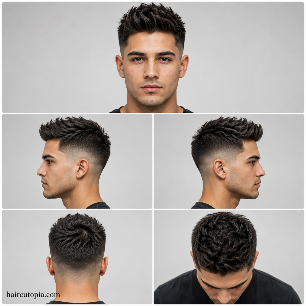 Five-panel collage illustration showing a textured fade haircut for round faces from front, left side, right side, back, and bird's-eye views with haircutopia.com watermark.
