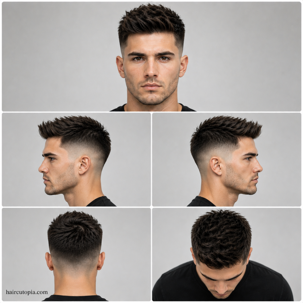 Five-panel collage illustration showing a modern fade haircut for square faces from front, left side, right side, back, and bird's-eye views with haircutopia.com watermark.