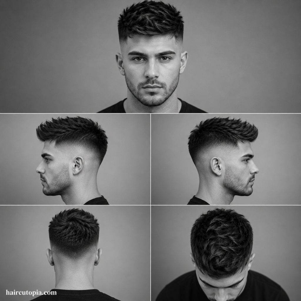 Five-panel collage showing a high fade haircut from the front, left side, right side, back, and top views in a black-and-white studio setting.