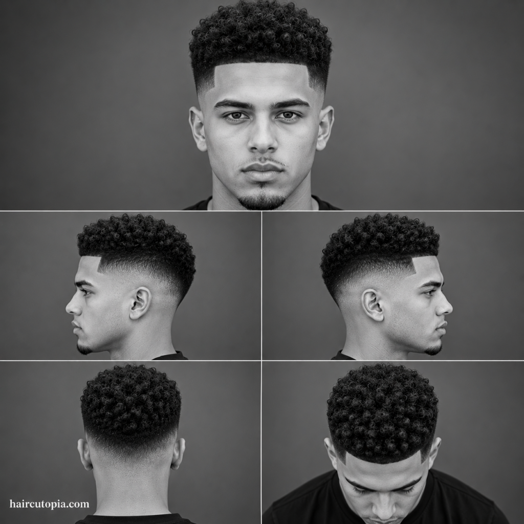 Five-panel collage showing a high fade haircut for coarse hair from the front, left side, right side, back, and top views in a black-and-white studio portrait.