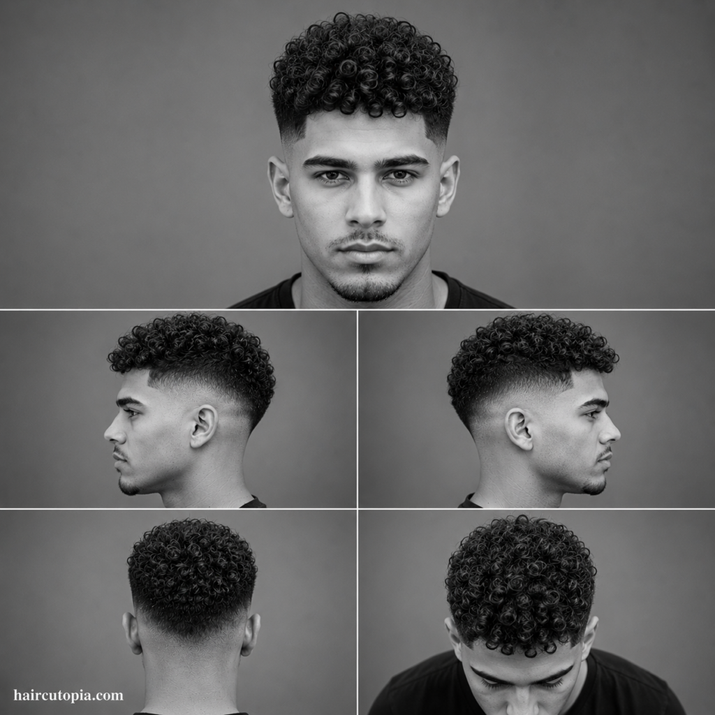 Five-panel collage showing a high fade haircut for curly hair from the front, left side, right side, back, and top views in a black-and-white studio portrait.