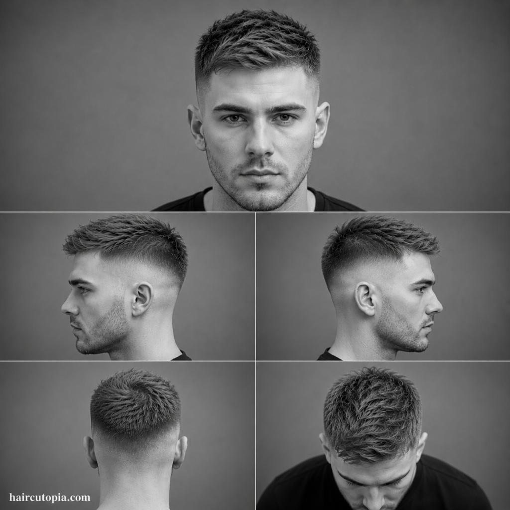 Five-panel collage showing a high fade haircut for fine hair from the front, left side, right side, back, and top views in a black-and-white studio portrait.