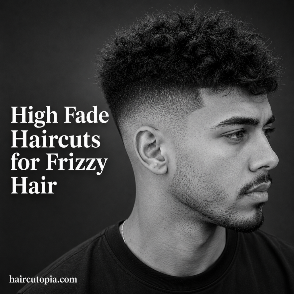 Man with a high fade haircut and naturally textured frizzy hair in a black-and-white studio portrait.