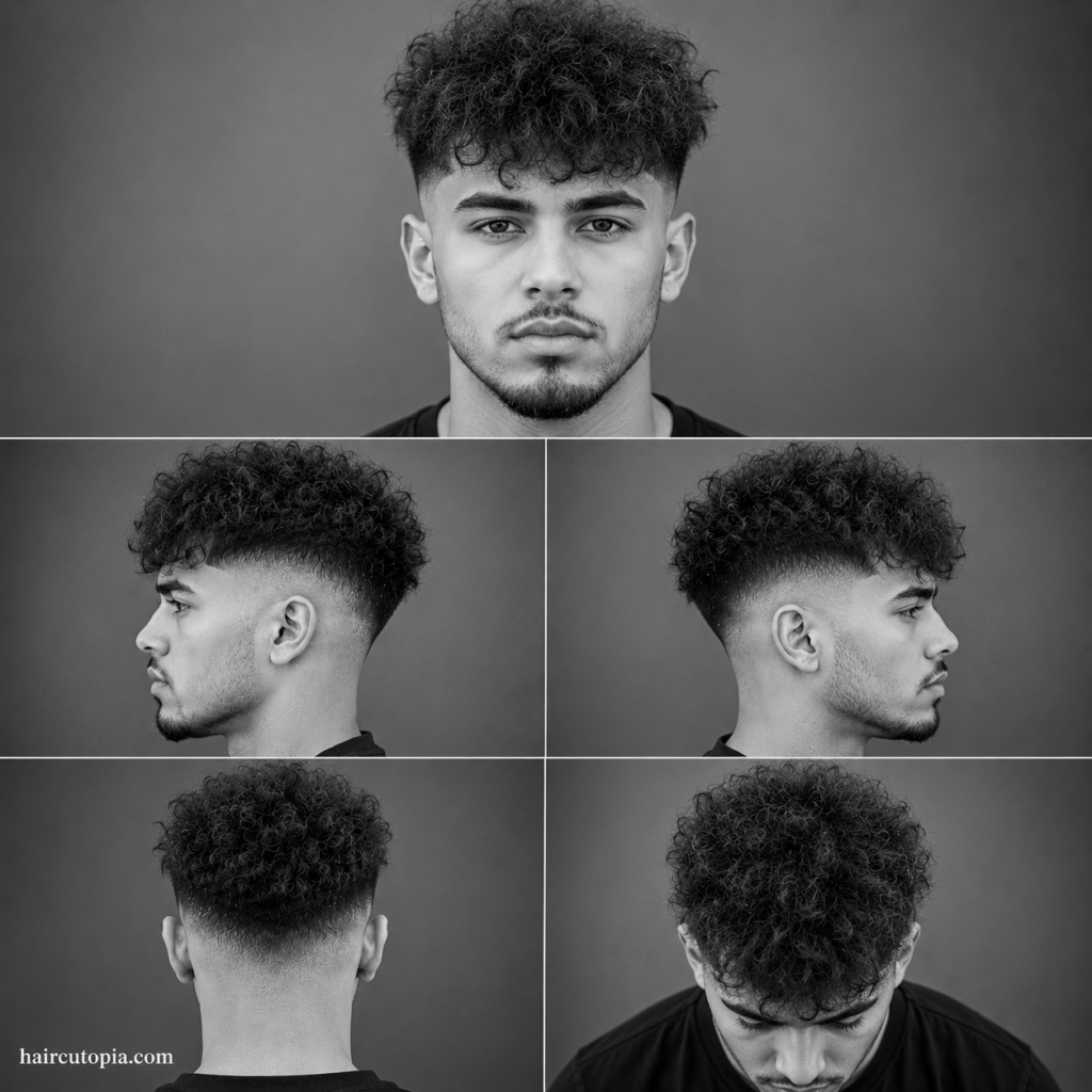 Five-panel collage showing a high fade haircut for frizzy hair from the front, left side, right side, back, and top views in a black-and-white studio portrait.