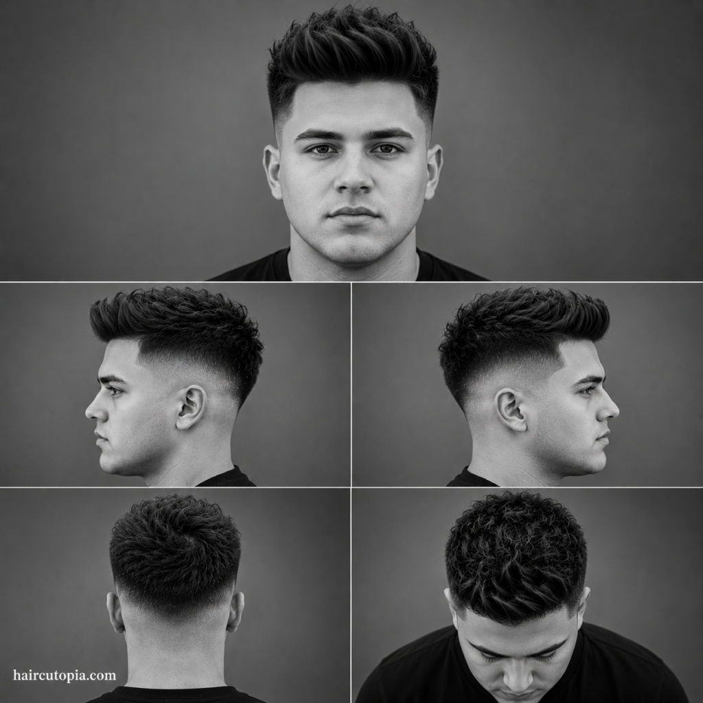 Five-panel collage showing a high fade haircut for round faces from the front, left side, right side, back, and top views in a black-and-white studio portrait.
