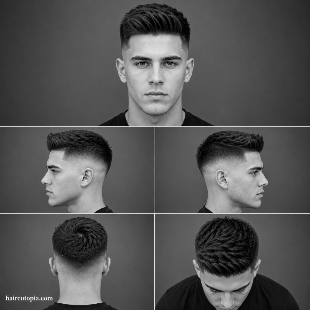 Five-panel collage showing a high fade haircut for straight hair from the front, left side, right side, back, and top views in a black-and-white studio portrait.