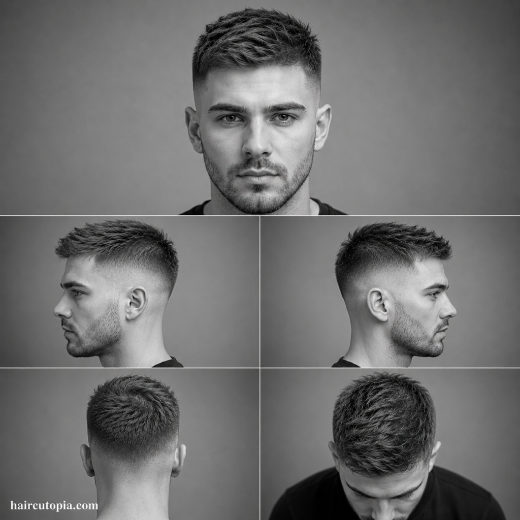 Five-panel collage showing a high fade haircut for thin hair from the front, left side, right side, back, and top views in a black-and-white studio portrait.