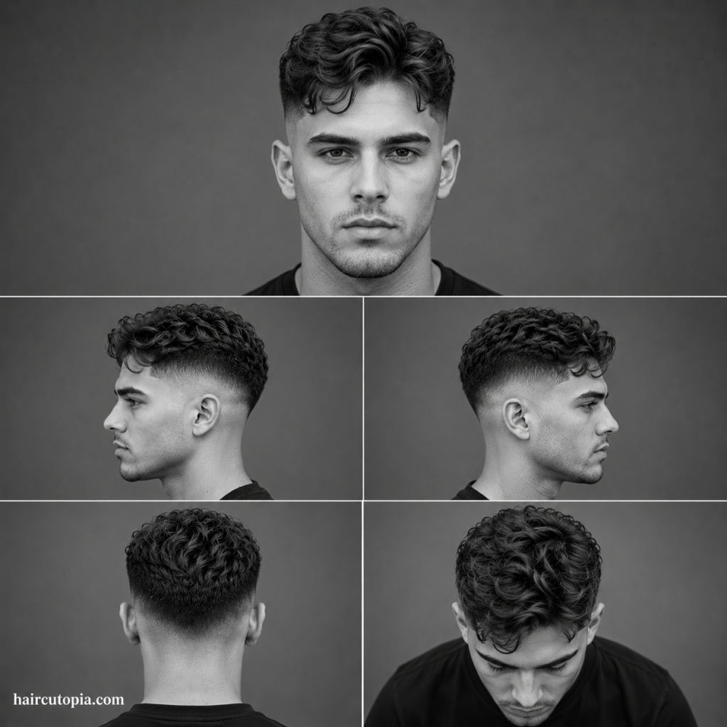 Five-panel collage showing a high fade haircut for wavy hair from the front, left side, right side, back, and top views in a black-and-white studio portrait.