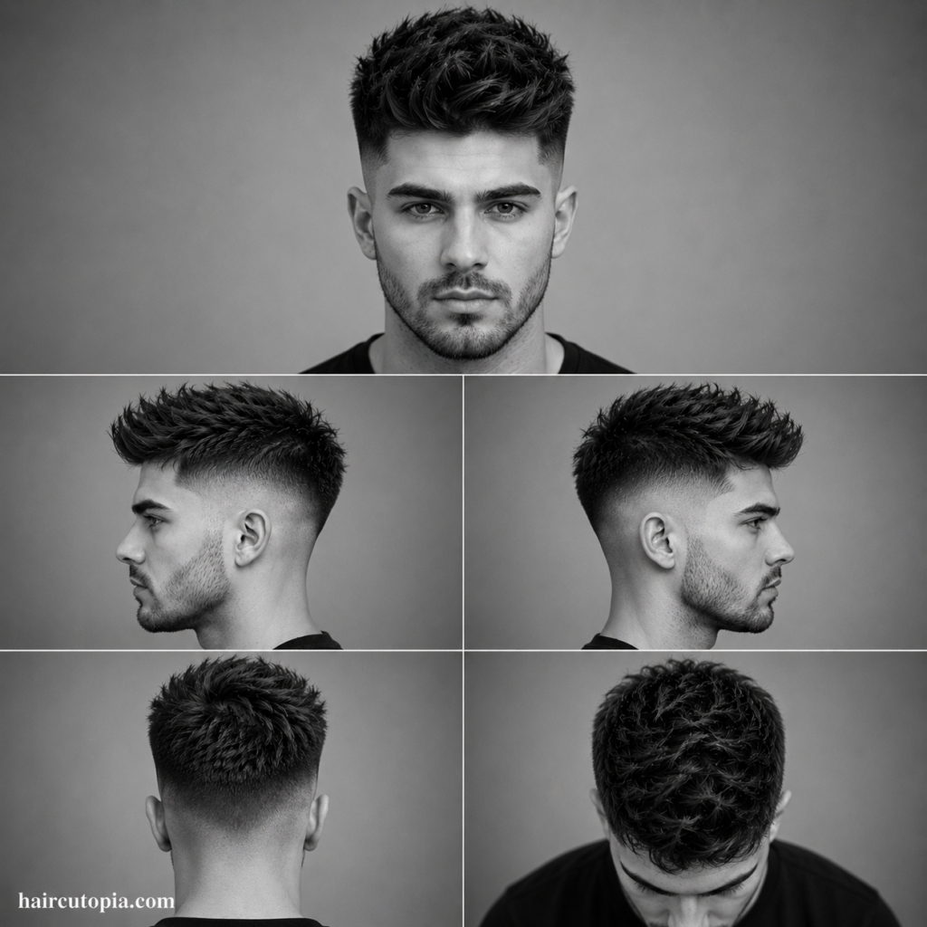Five-panel collage showing a high fade haircut for thick hair from the front, left side, right side, back, and top views in a black-and-white studio portrait.