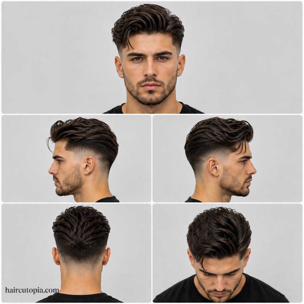 Five-panel collage of a fictional man with a modern long fade haircut shown from front, left side, right side, back, and bird’s-eye views with haircutopia.com watermark.