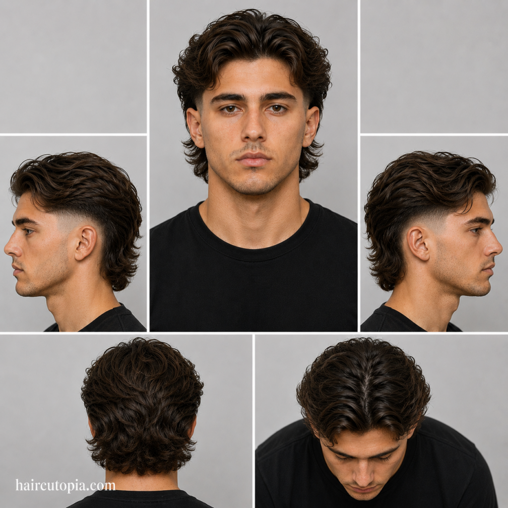 Five-panel collage showing a fictional man with a long low fade haircut from front, side, back, and bird's-eye views with haircutopia.com watermark.