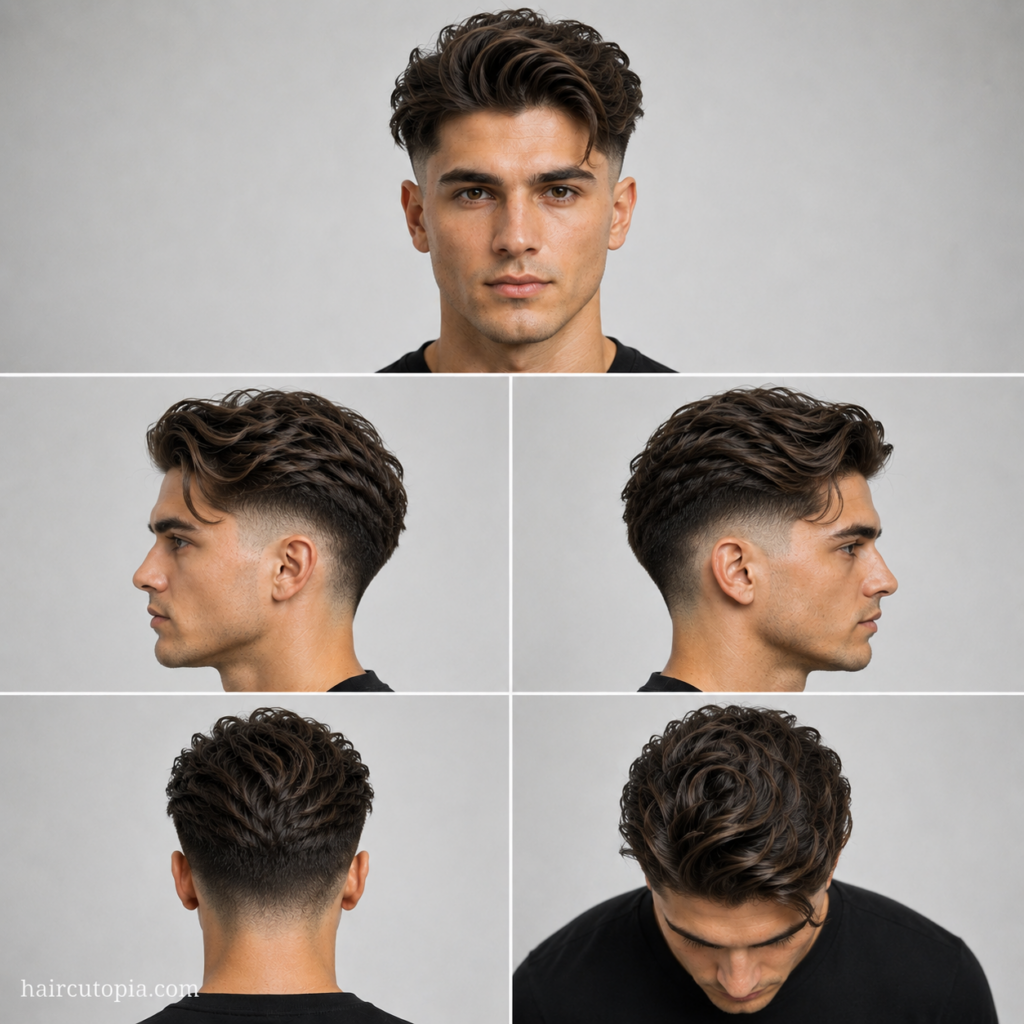 Five-panel collage showing a long mid fade haircut from the front, left side, right side, back, and top view, highlighting length on top, volume, and clean fade blending.
