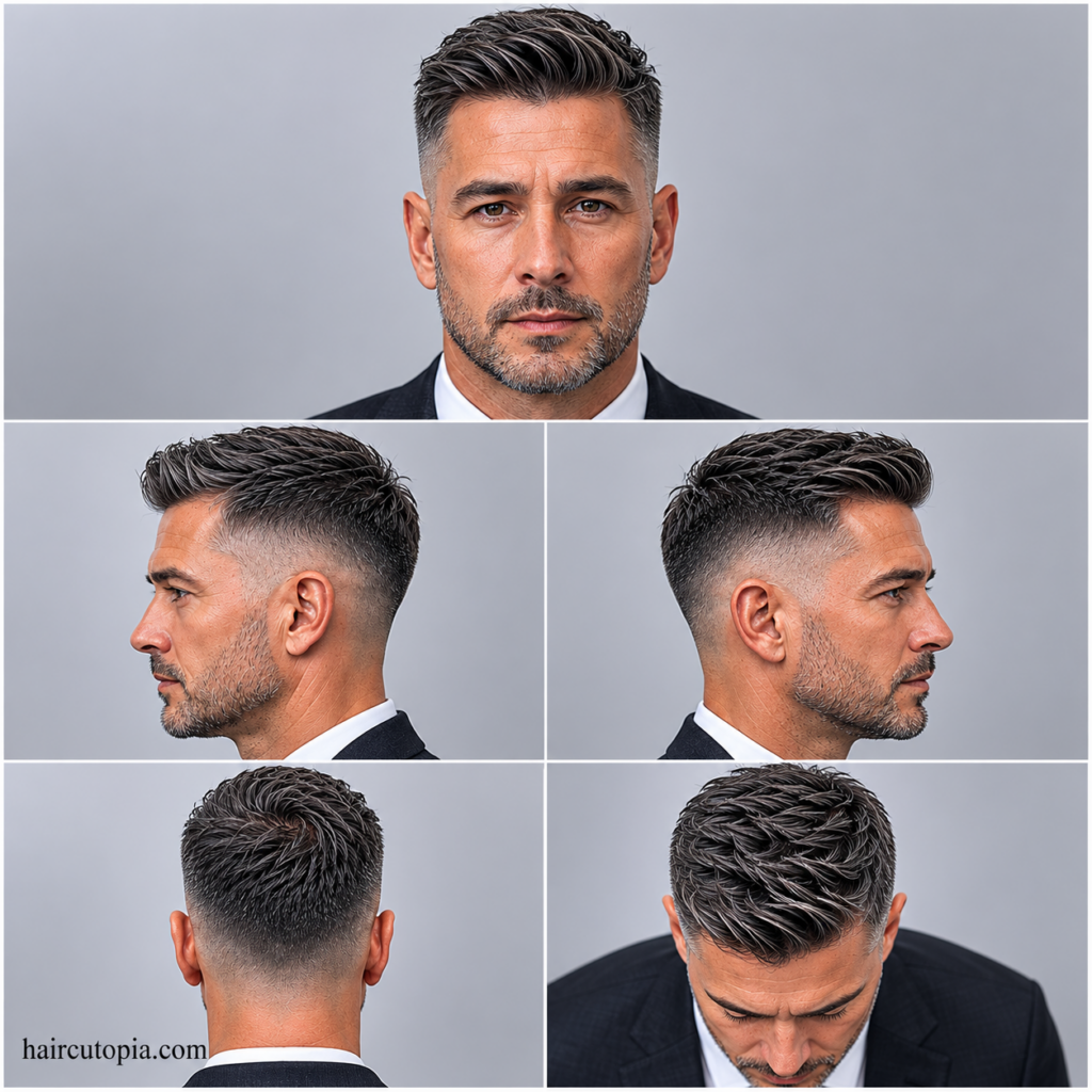 Five-panel collage showing a fictional business professional with a modern low fade haircut from front, left side, right side, back, and bird’s-eye views with haircutopia.com watermark.
