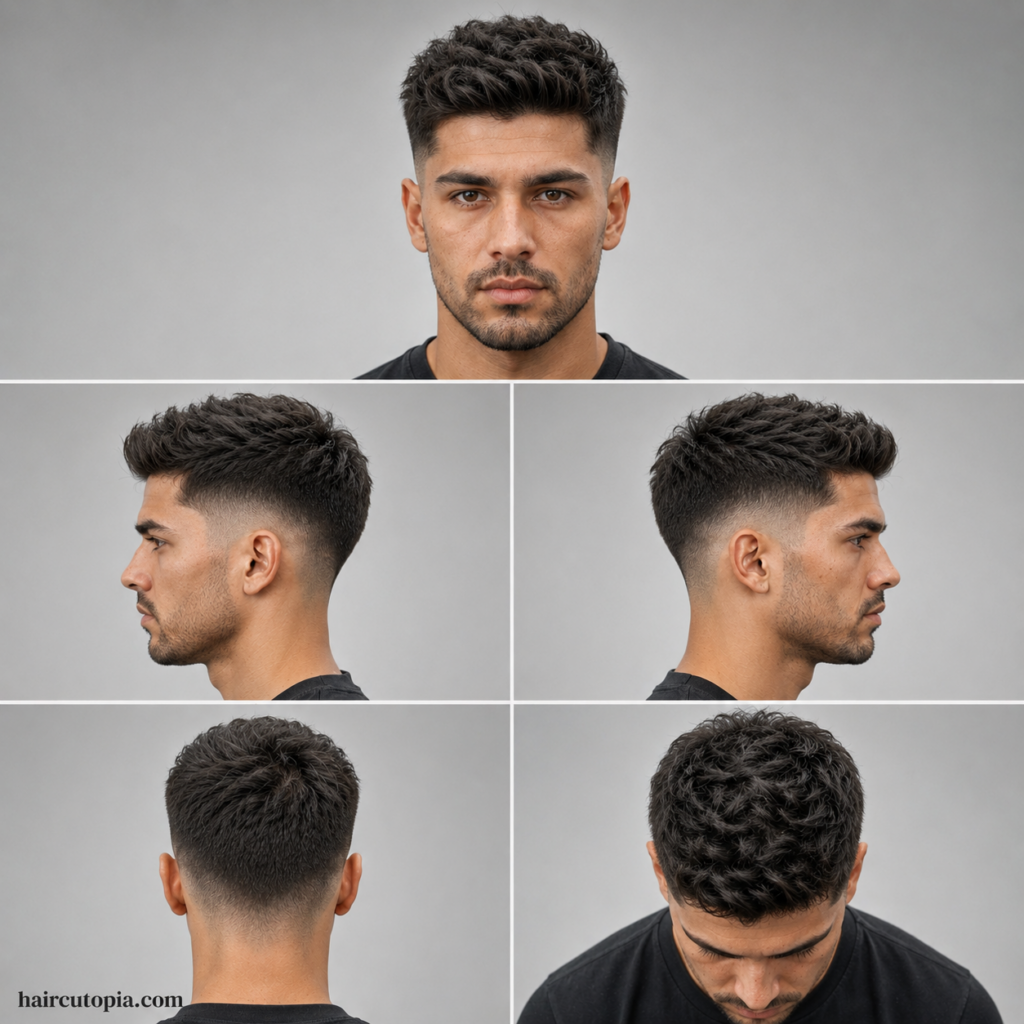 Five-panel collage showing a fictional man with a low fade haircut for coarse hair from front, left side, right side, back, and top bird’s-eye views with haircutopia.com watermark.