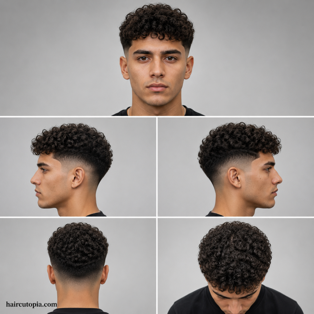 Five-panel collage showing a fictional man with a low fade curly haircut from front, left side, right side, back, and top bird’s-eye views with haircutopia.com watermark.