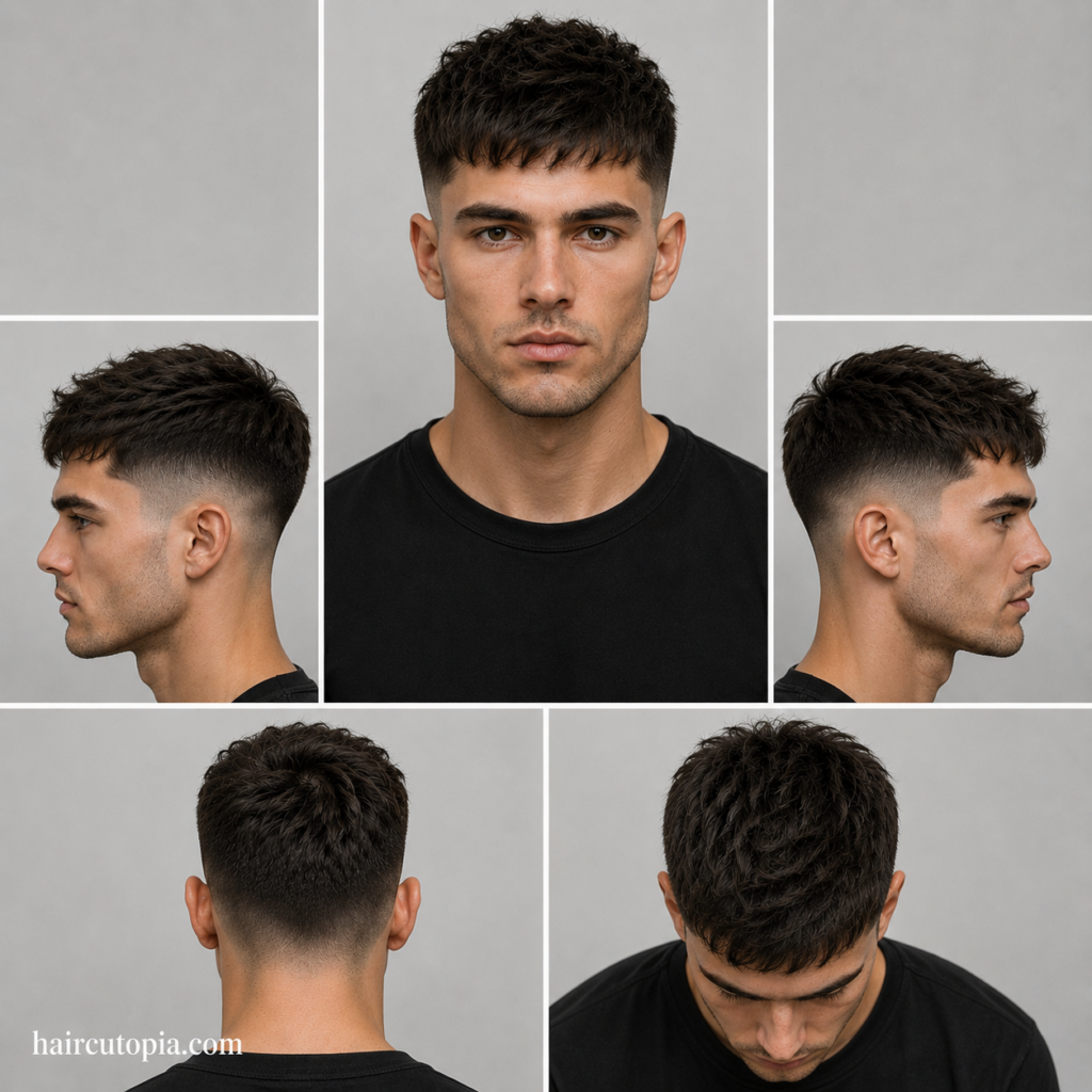 Five-panel collage showing a fictional man with a low fade haircut for diamond-shaped faces from front, side, back, and top views with haircutopia.com watermark.
