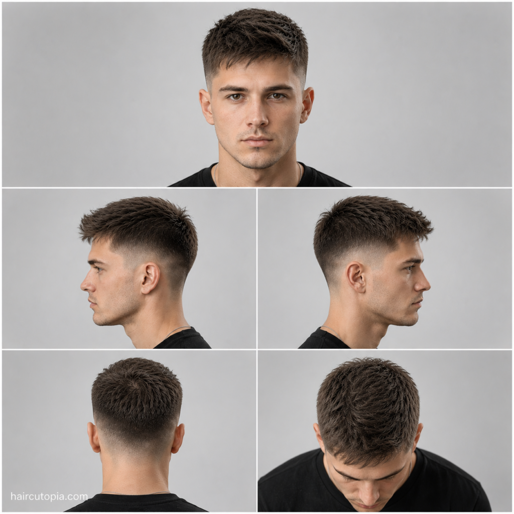 Five-panel collage showing a low fade haircut for fine hair from front, left side, right side, back, and bird’s-eye views with haircutopia.com watermark.