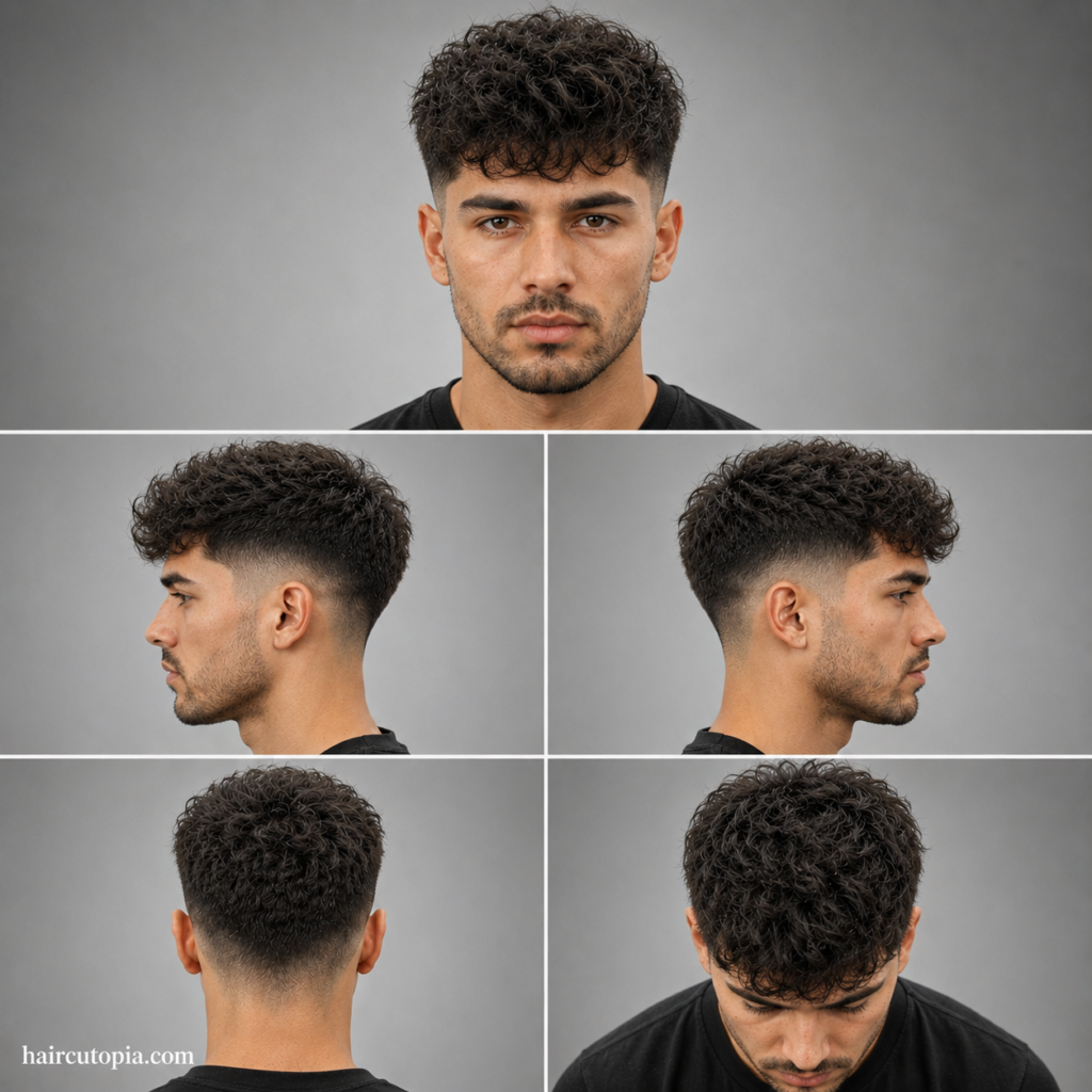 Five-panel collage showing a fictional man with a low fade haircut for frizzy hair from front, left side, right side, back, and top bird’s-eye views with haircutopia.com watermark.