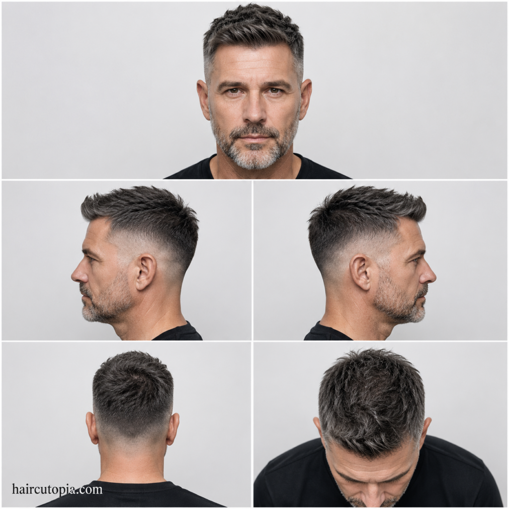 Five-panel collage showing a fictional man over 40 with a modern low fade haircut from front, left side, right side, back, and bird’s-eye views with haircutopia.com watermark.