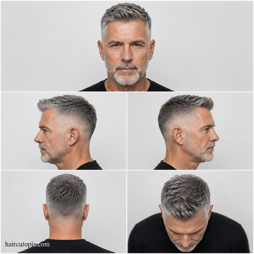 Five-panel collage showing a fictional man over 50 with a modern low fade haircut from front, left side, right side, back, and bird’s-eye views with haircutopia.com watermark.