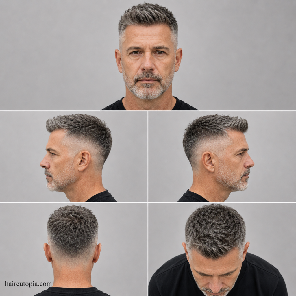Five-panel collage showing a low fade haircut for older men from front, left side, right side, back, and bird’s-eye top views on a fictional mature male model with haircutopia.com watermark.
