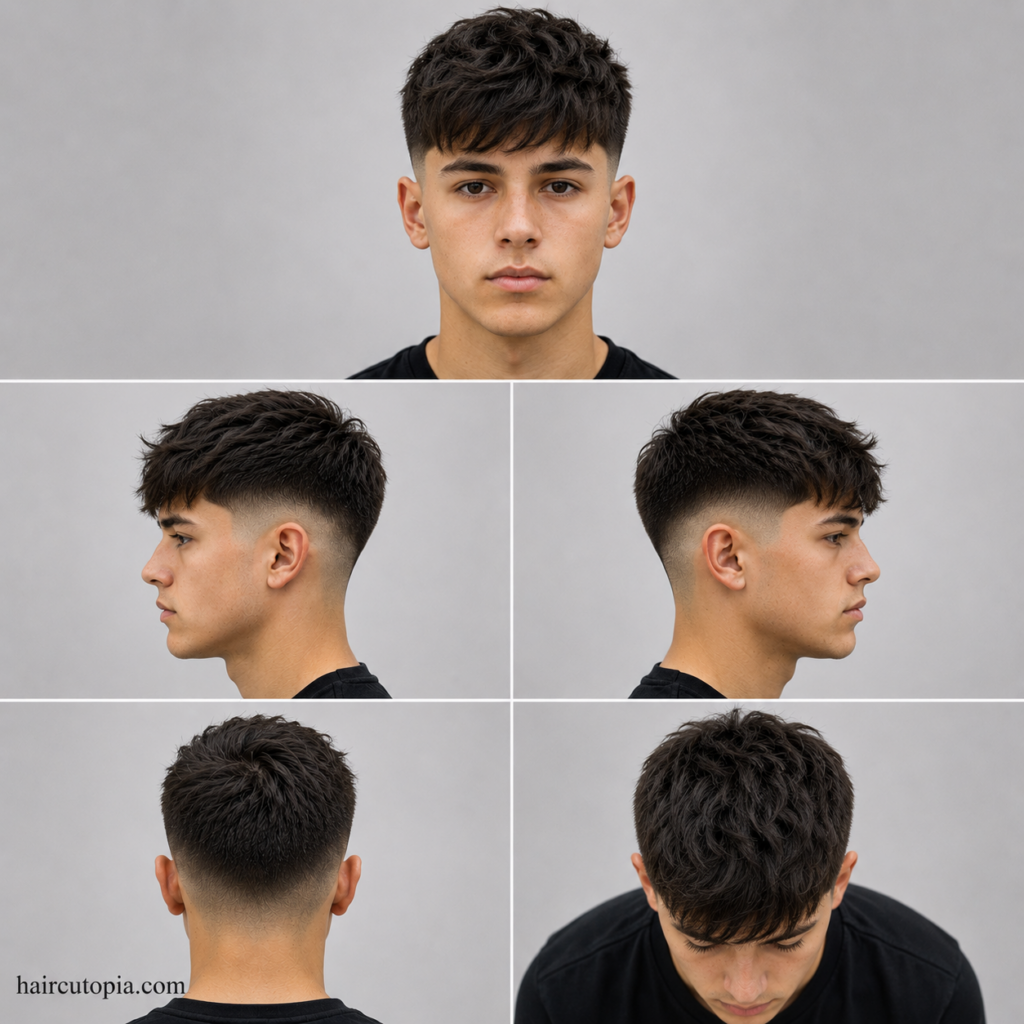 Five-panel collage showing a trendy low fade haircut for teen boys from front, left side, right side, back, and bird’s-eye top views on a fictional teen model with haircutopia.com watermark.