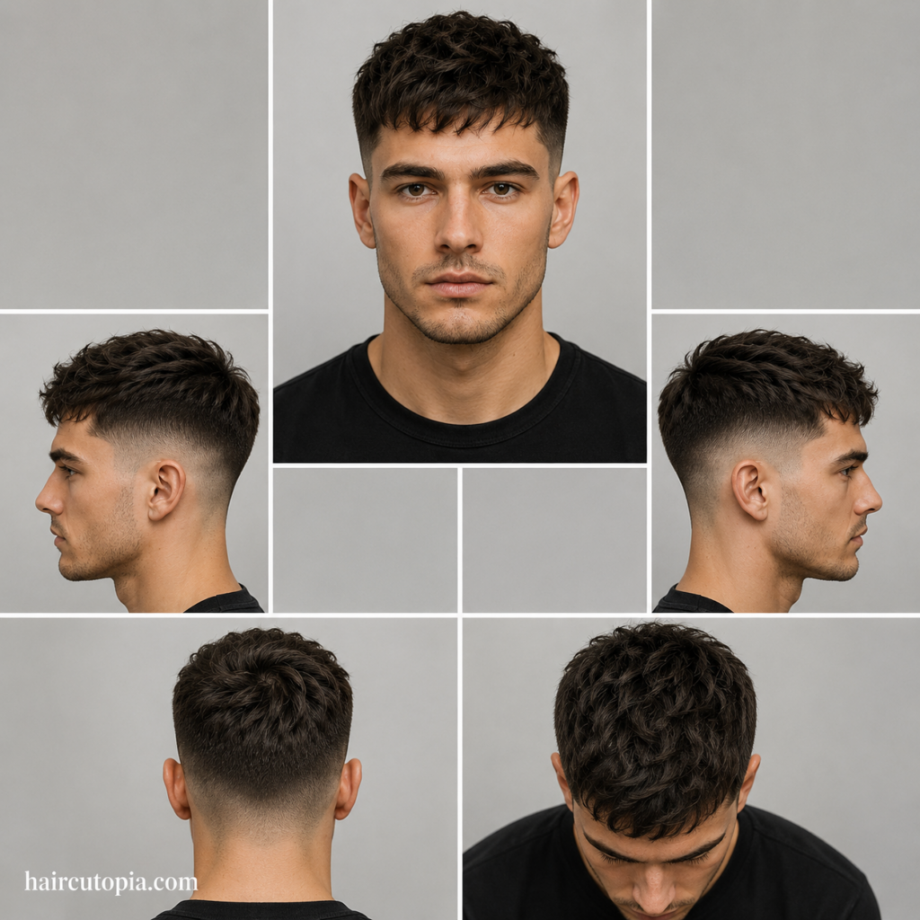 Five-panel collage showing a fictional man with a low fade haircut for heart-shaped faces from front, side, back, and top views with haircutopia.com watermark.
